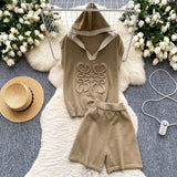 Fashion Set Women's Summer Design Three-Dimensional Relief Hooded Sleeveless Knitted Tops High Waist Broad Leg