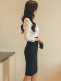 Han Queen Hot sale Autumn Black White Stitching Office Sheath Bodycon Pencil Dress High Waist Chic Party Women's Dresses-Outfit