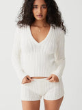 Women's Vintage Knit 2Pieces Set Long Sleeve Hooded V-Neck Pullovers Sweater+ Low Waist Shorts Aesthetic Outfits Suit-Outfit