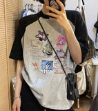 Cartoon Print Raglan Short Sleeve Tee-Outfit