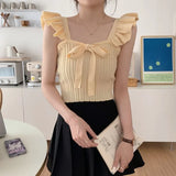 Care Machine Sling Women's Summer New Vest Solid Color Bow Tie With Short Lotus Leaf Tops
