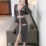 Women Vintage V-Neck Single-breasted Midi Knitted Dress Elegant Streetwear Plaid Bodycon Skinny Sweater Female