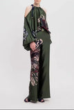 Set Chic Print Lantern Sleeve Two Piece Sets Satin Top Wide Leg Pant Suit Women Off Shoulder Long Sleeve Office Lady Outfit-Outfit