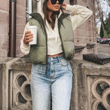 PUWD Casual Woman Green Stand Collar Short Down Vest 2021 Spring Fashion Ladies Light Soft Outwear Female Streetwear Tank