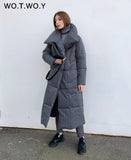 Winter Thickening X-Long Parkas Women Wide-Waisted Loose Cotton Padded Jackets Female Green Grey Sashes Warm