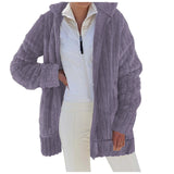 Toloer Autumn / Winter Warm Plush Pure Color Zipper Pocket Hooded Loose Coat Female-Outfit