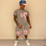 Aesthetics Male Gothic 2-Piece Hip-Hop Alphabet Print 0-Collar T-Shirt + Rope Wide Legs And Short-Outfit