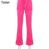 Pink Solid Sweet Cute Velvet NEW Flare Pants Design Pockets Drawstring Low Waist Slim Sexy Womens Joggers