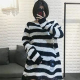 Toloer Long Punk Dark Match Broken Hole Torn Sweater Female Couple Striped Loose Niche Knit Woman-Outfit