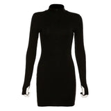 Winter Stretch Slim Soft Ribbed Knitted Turtleneck Dress Woman Fashion Solid Black Casual Bodycon Zip Dress-Outfit