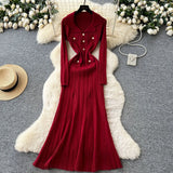 Fragrant High-End Feel Fashionable Doll Collar Long Sleeve Metal Buckle Waist Knitted Dress Women Autumn Slim