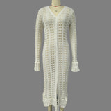 Attitude Babes Personality Style Long Design Knitted Cardigan Women's Hollow Hook Flower Solid Color High