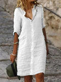 Ms.'S New Solid-Color Casual Casual Collar Single-D Row Buckle Sleeve Cotton Shirt Mid-Long Dress