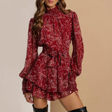 Toloer New Women's Wear Temperament Long Sleeve Broken Floral Flounces Short Autumn And Winter Dress