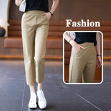 Women Pants Korean Style 2023 Summer New High Waist Slim Thin Crop Casual Solid Pockets Elegant Fashion Trousers-Outfit