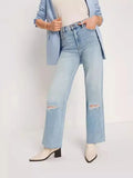 Direct Fashion Women High Waist Casual Straight Tube Hole Loose Nine Minutes Jeans Wish-Outfit