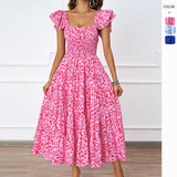 Summer Women's Casual Square Collar Print Folded Lotus Leaf Sleeve Dress Flowing