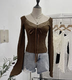 Real Shooting Merard Wind Strapted Bow Splicing Lace Pure Desire Blouse Folding Body Short Blouse