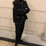 Korean Female Black Tweed Jacket Coat Women Outerwear Coats Channel Style Za Suit Cropped Stripeed Kawaii Vintage Fashion