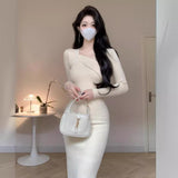 Autumn / Winter Core-Spun Yarn Knitted Long-Sleeved Dress V-Collar Slim Black Medium-Long Slit Hip Skirt-Outfit