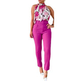 Print Tank Top & High Waist Pants Set With Belt Women Flower Two Piece Set Halter Bow Crop Top Harem Trousers Summer-Outfit
