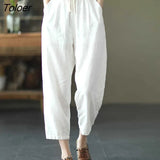2023 Summer Casual Cotton Linen Pants Women Retro Pockets Loose Harem Pants Woman Solid Elastic Waist Trousers