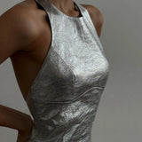 Toloer Summer New Pu Leather Dress Female Silver Fashion Sexy Show Backpack Hip Short Skirt-Outfit