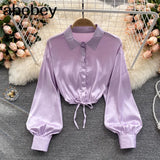 Women Korean Satin Blouse Turndown-Collar Puff Sleeve Single Breasted Slim Top Autumn Fashion Streetwear Short