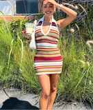 Knitted Stripe Halter Collar Mini Dress-Outfit