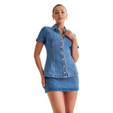 Women's Short-Sleeved Cowboy Button-Neck Collar Top High-Waisted Short Skirt Suit For