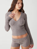 Women's Vintage Knit 2Pieces Set Long Sleeve Hooded V-Neck Pullovers Sweater+ Low Waist Shorts Aesthetic Outfits Suit-Outfit