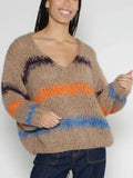 Autumn And Winter Loose Color Stripe V-Neck Collar Knitted Shirt Long-Sleeved Sweater