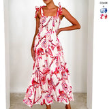 Spring And Summer Women's Slings To Take Loose Waist And Shoulder Straps Large Swings Long Printed Dress Skirt Dress Dress Dress