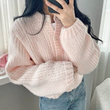 Round Neck Lantern Sleeve Knitted Cardigan-Outfit
