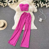 Toloer Strapless Short Top High Waist Casual Loose Wide Leg