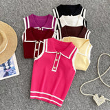 Style Striped Knitted Sleeveless Vest Women's Summer Collar Slimming Design Chic Beautiful Little Man