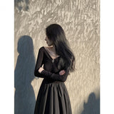 Toloer Hepburn V Neck Long Sleeve Knitted Dress Female Summer French With A Waist Show Long Skirt-Outfit