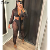 Sheer Mesh See Through Pants Set Two Piece Set Lace Up Crop Top Legging Party Night Outfits Street Spring