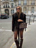 Brown Faux Fur Collar Suede Short Jacket-Outfit