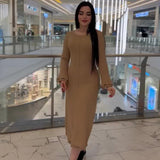 Solid-Colored Round-Neck Long-Sleeved Dress Woman With Wooden Ear In Autumn