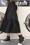 Black Gothic Midi Skirt Women Punk Goth High Waist Patchwork A-line Long Skirts Korean Style Casual Harajuku