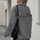 PUWD Casual Woman Loose Houndstooth Tassel Shirt Coat 2021 Chic Fashion Ladies Oversized Plaid Jacket Female Streetwear