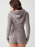 Women's Vintage Knit 2Pieces Set Long Sleeve Hooded V-Neck Pullovers Sweater+ Low Waist Shorts Aesthetic Outfits Suit-Outfit