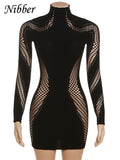 Concise Skinny Mini Dress Women Sexy Hollow Out Turtleneck Hipster Street Full Sleeve Body-shaping Female Robe Clothing-Outfit