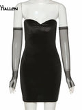 Strapless Black Velvet Bodycon Dress With Fishnet Mesh Long Sleeve Backless Night Club Party Mini Dresses Ladies Robe-Outfit