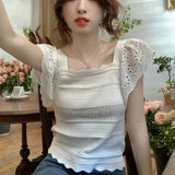 Small Fresh Short-Sleeved Knitted Gentle T-Shirt Design A Sense Of Niche Temperament French Collar Top Short