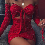 Shiny Hollow Out Sequins Dress 2020 Fashion Lace Women Dress Long Sleeve Wrinkles Off Shoulder Femme