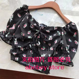 New Summer Fashion All-match V-neck puff sleeve print Shirt drawstring ruched lace up Shirt