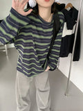 Toloer Collar Striped Long-Sleeved T-Shirt Women's Autumn 2024 New Design Feeling Loose Show Thin Casual Students Slit