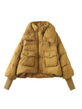 Knit Sleeve Advanced Sense Down Jacket Women's 2024 Winter New Thread Sleeve Standing Collar Warm White Duck Down Short Bread Clothing-Outfit